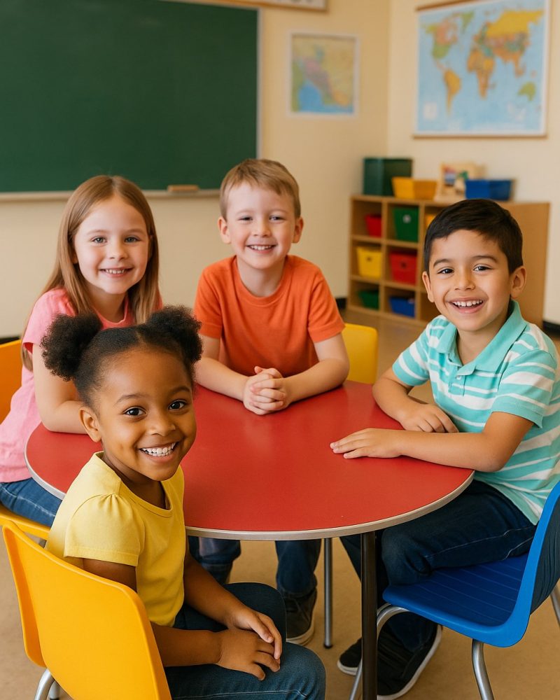criancas-em-sala-de-aula-sorrindo-conjunto-mesa-com-4-cadeiras-ISO-CL034-mobiliario-escolar-ciencia-livre